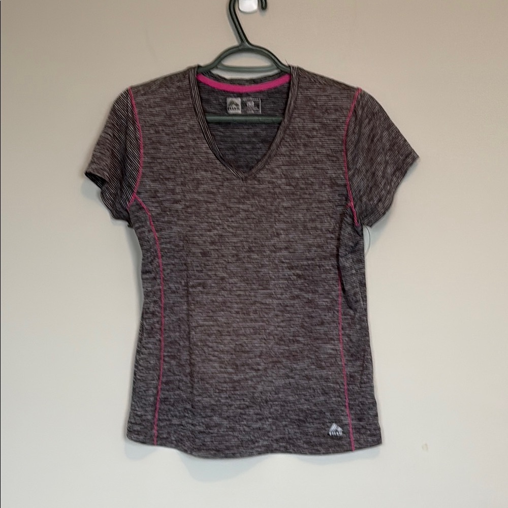 RBX performance tee. Black/white heathered with pink trim. Ladies size L